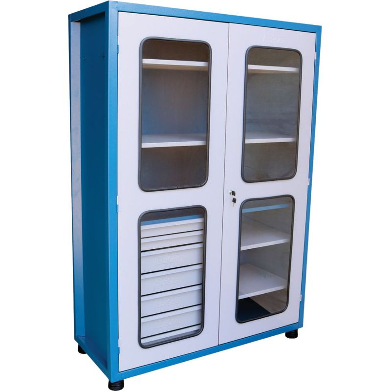 Armário Fechado Com Visor de Vidro, 5 Gavetas e 7 Prateleiras Azul (1519) - Fercar