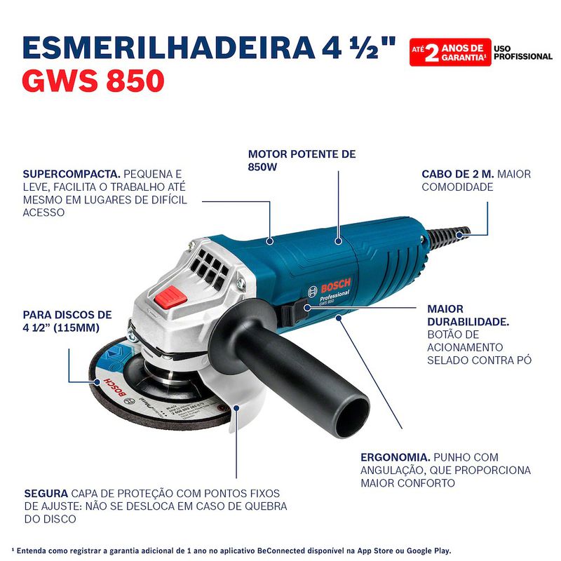 Esmerilhadeira Angular de 4.1/2'' Bosch GWS 850, 850W 127V