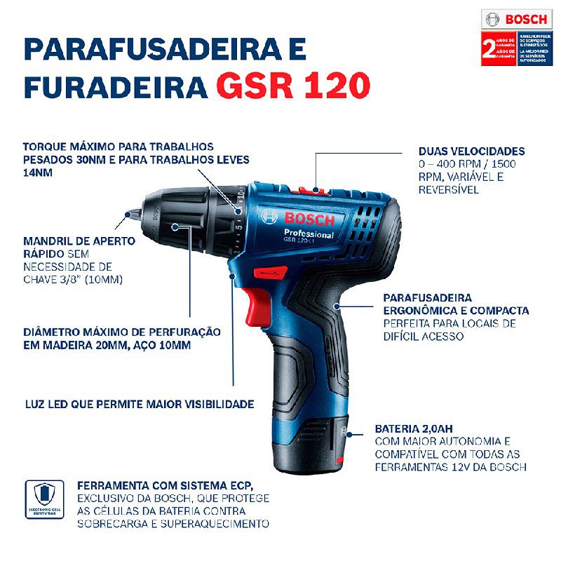 Parafusadeira Furadeira Bosch GSR 120-LI 12V 2 Baterias e maleta
