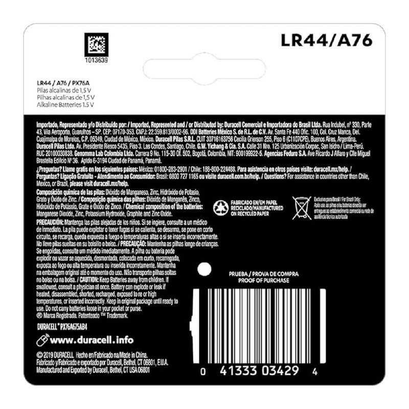 Pilha Alcalina Moeda C/4 (LR44/A76/PX76A) - Duracell 