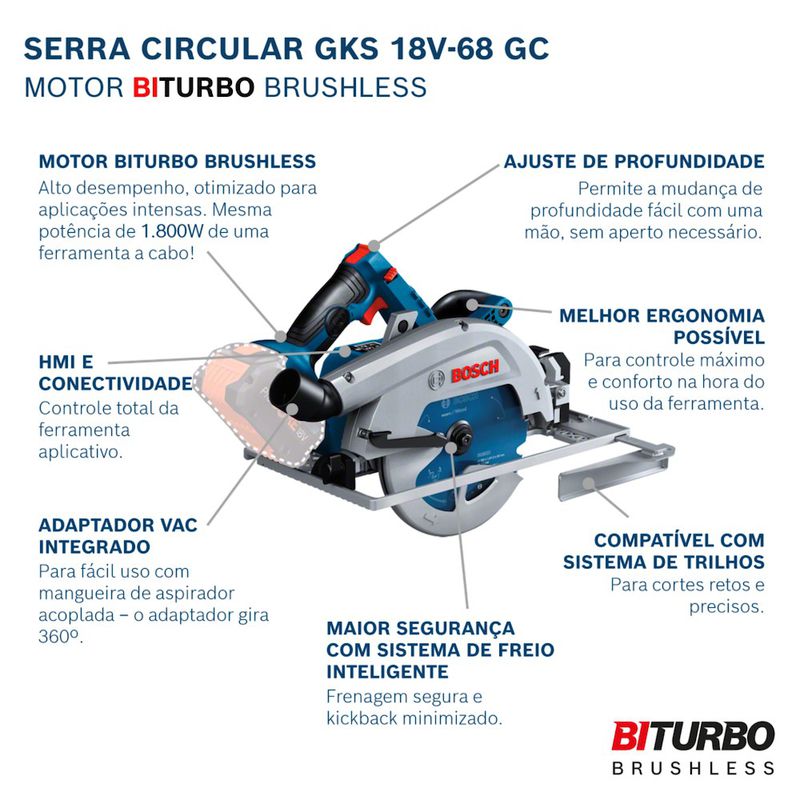 Serra Circular Bosch GKS 18V-68 GC Brushless 1800W 18V SB, com disco