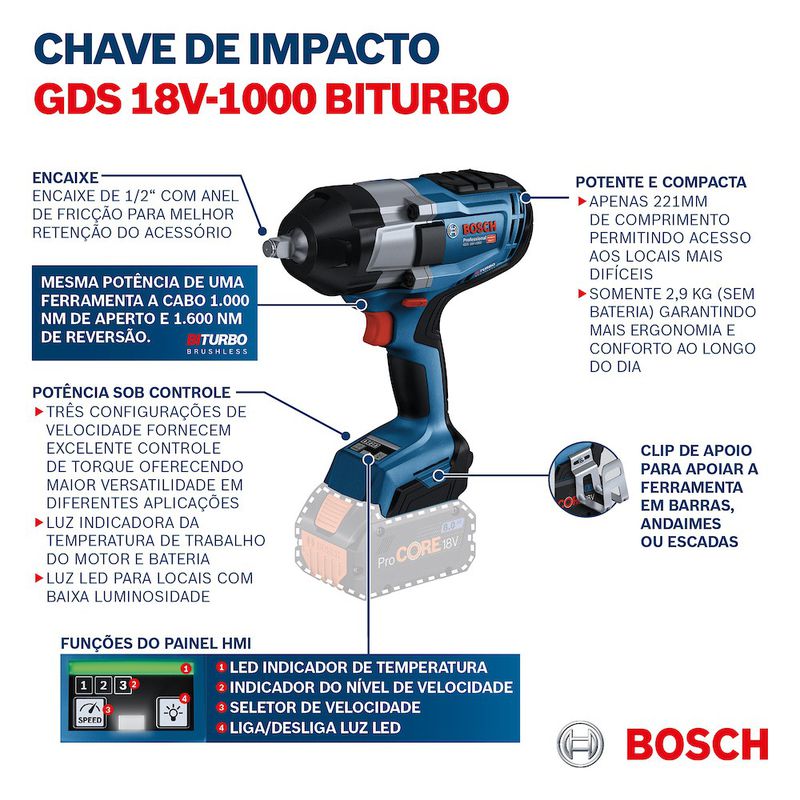 Chave de Impacto a bateria Bosch GDS 18V-1000 BITURBO BRUSHLESS 18V, SB