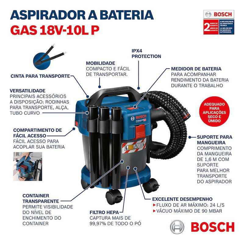 Aspirador de pó a bateria Bosch GAS 18V-10 L, 18V SB