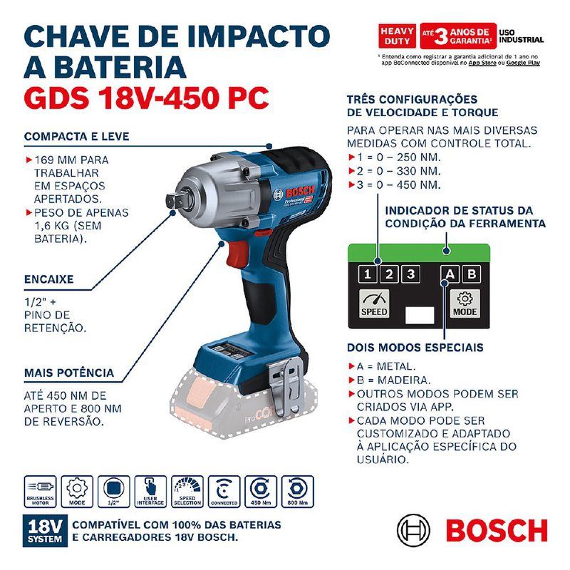 Chave de Impacto a Bateria 18V - 1/2'' SB (GDS 18V-450 PC) - Bosch