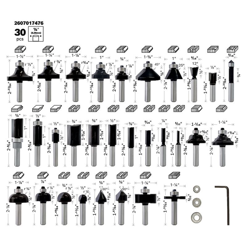 Jogo de fresas misto Bosch Standard encaixe de 1/4'' 30 peças