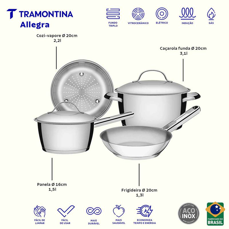 Jogo de Panelas Allegra em Aço Inox Com 4 Peças (65660/270) - Tramontina