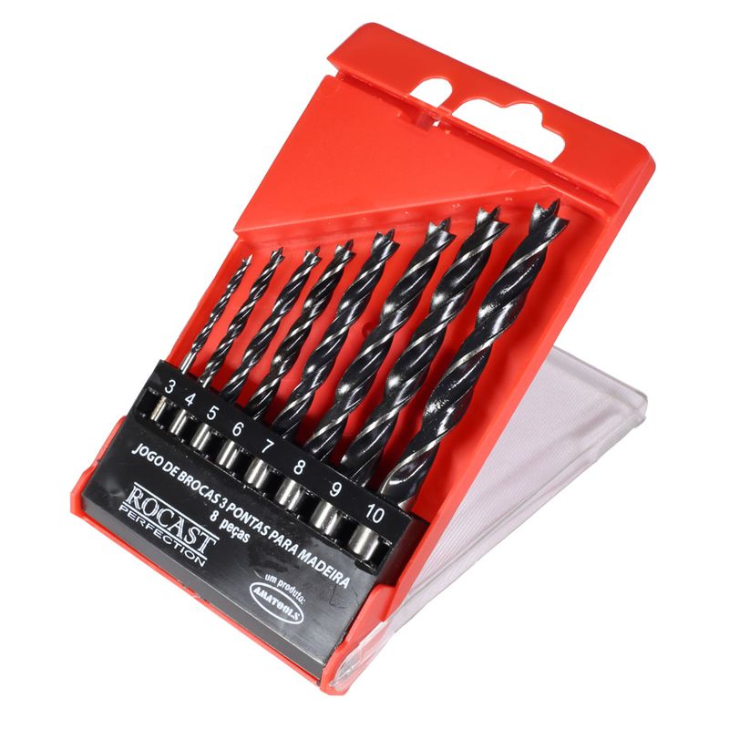 Jogo de Brocas 3 Pontas para Madeira 8 peças 3,0 a 10,0mm 53,0049 ROCAST
