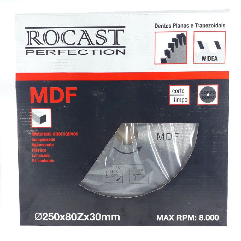 Serra Circular Com Pastilha de MD Para MDF 250mm x 80D (121,0001) - Rocast