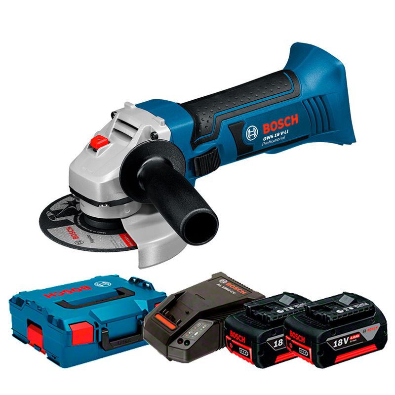 Esmerilhadeira Angular Bateria 4 ½'' GWS 18V-LI, 18V c/ 2 Baterias 4,0Ah,1 Carregador Rápido 220V, em Maleta L-BOXX Bosch