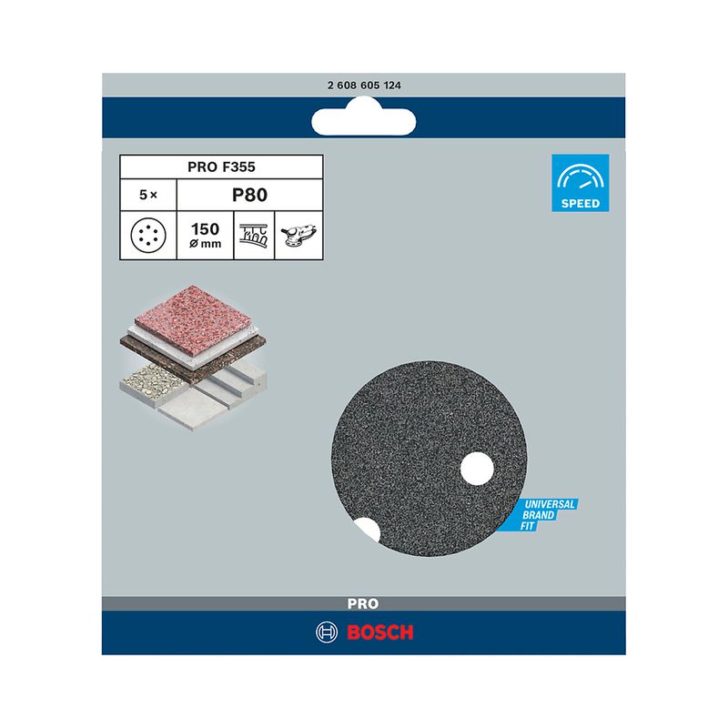 Disco de Lixa Com Velcro 150mm - GR. 80 Com 5 Peças (2608605124) - Bosch