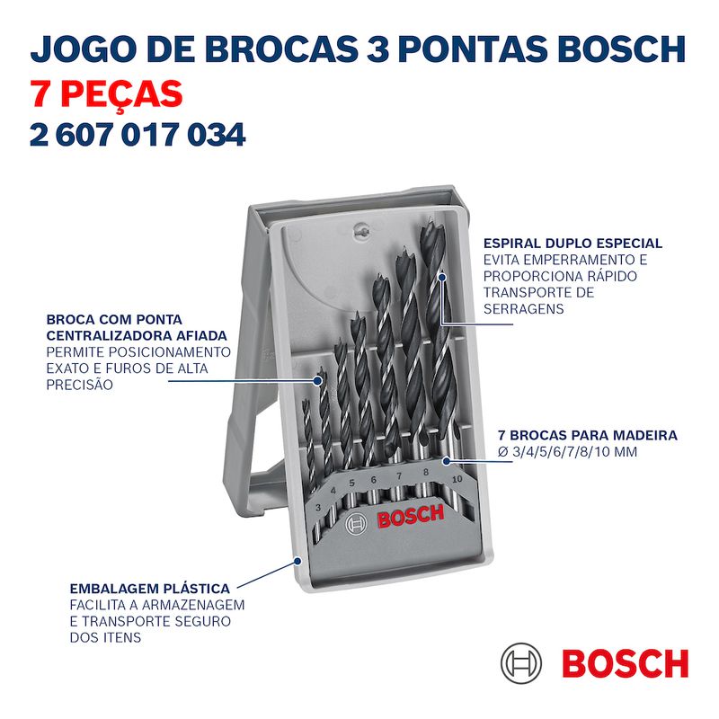 Jogo de Brocas Bosch 3 Pontas 3-4-5-6-7-8-10mm 7 peças
