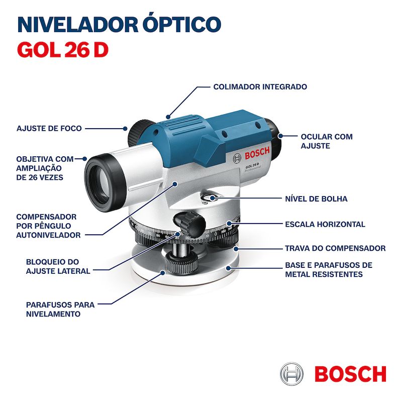 Nivel à laser óptico Bosch GOL 26 D, zoom de 26x, em maleta
