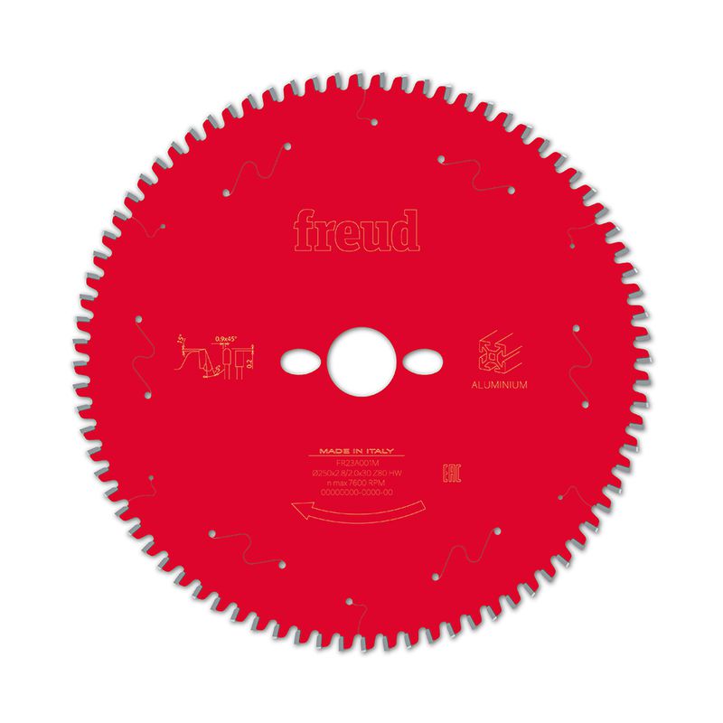 Disco de Serra Meia Esquadria Freud para Alumínio 250mm 80 dentes com diâmetro do furo 30mm e espessura do corte 2,8mm