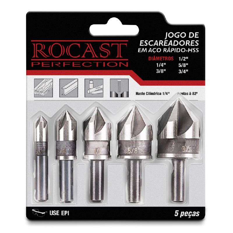 Jogo 5 Escareadores em Aço Rápido HSS 1/4pol a 3/4pol 250,0006 ROCAST