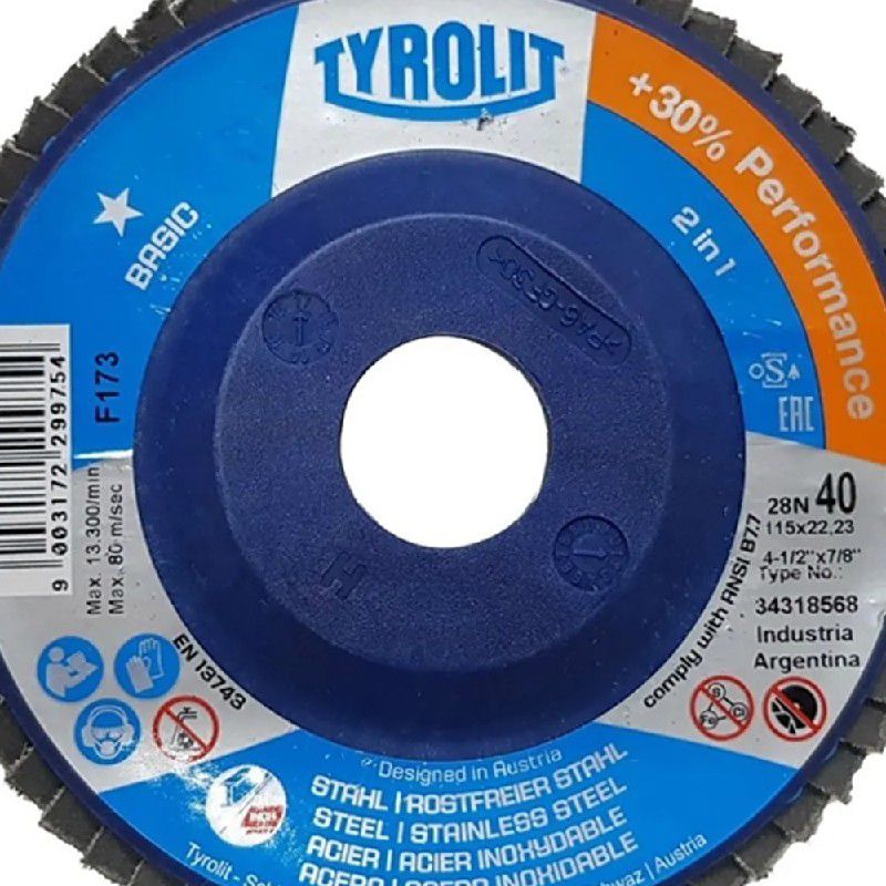 Disco de Lixa Flap Plano 115mm Grana 40 - Basic 28N - 34318568 - TYROLIT