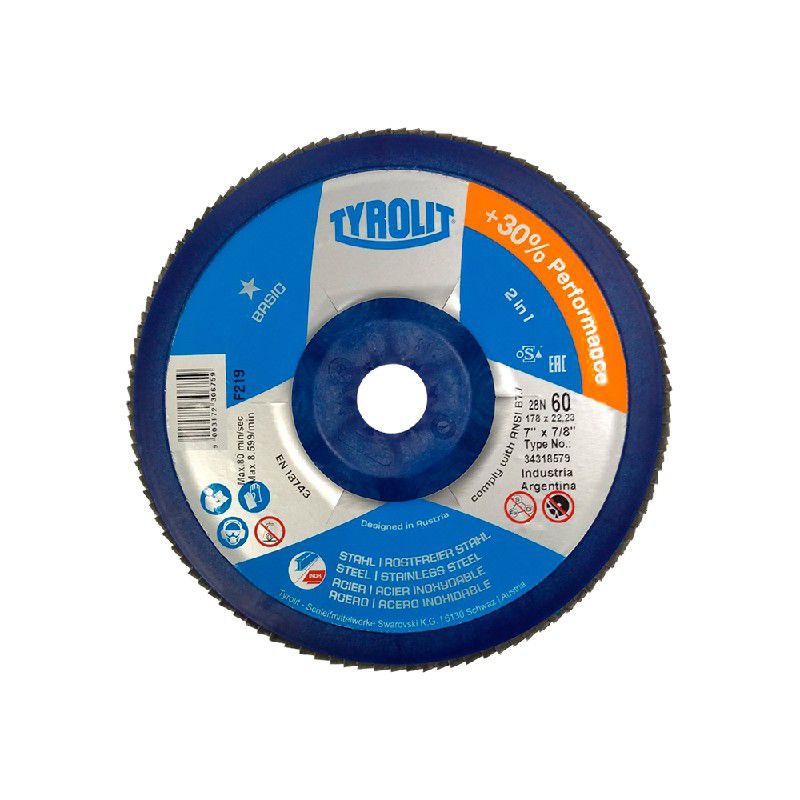 Disco de Lixa Flap Plano 180mm Grana 60 - Basic 28N - 34318579 - TYROLIT