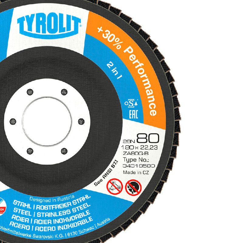 Disco de Lixa Flap Plano 180mm Grana 80 - Basic 28N - 34318580 - TYROLIT