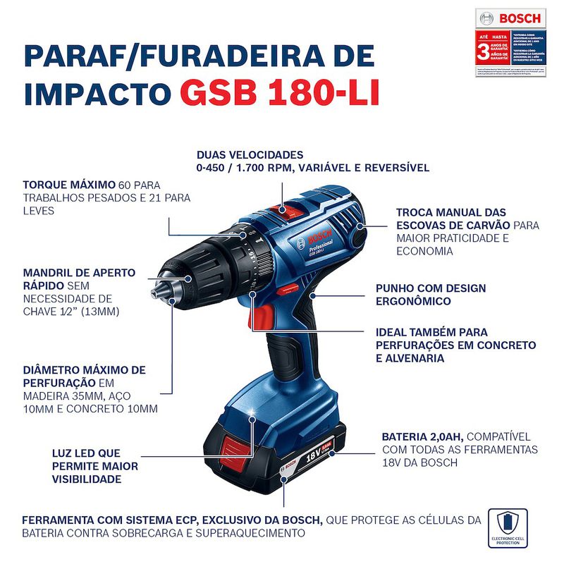 Parafusadeira Furadeira Bosch GSB 180-LI 18V 2B, maleta e ac