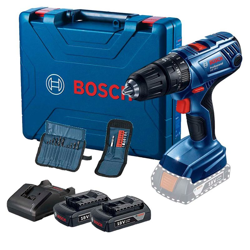 Parafusadeira Furadeira Bosch GSB 180-LI 18V 2B, maleta e ac