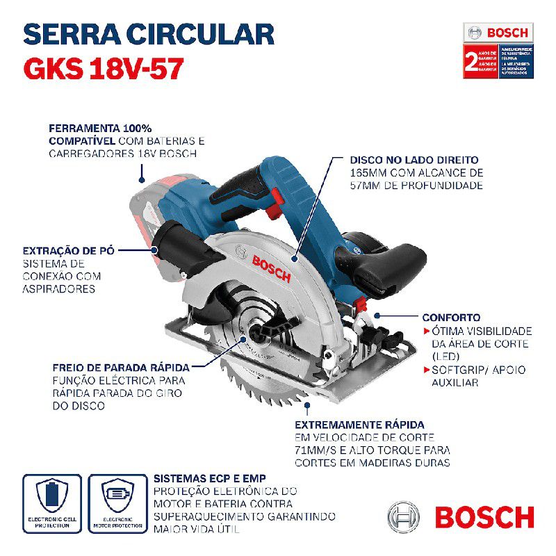 Serra Circular 3400RPM a Bateria 18V GKS 18V-57 - Bosch
