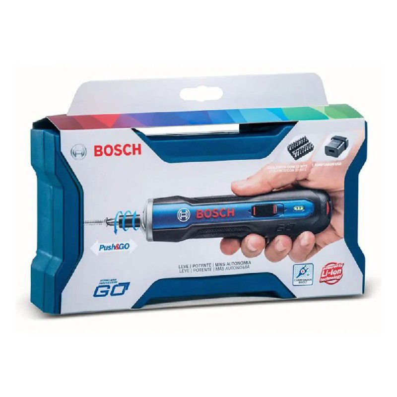 Parafusadeira a Bateria Bosch Go 3,6V BIVOLT com 32 Bits, 1 Cabo USB em Maleta