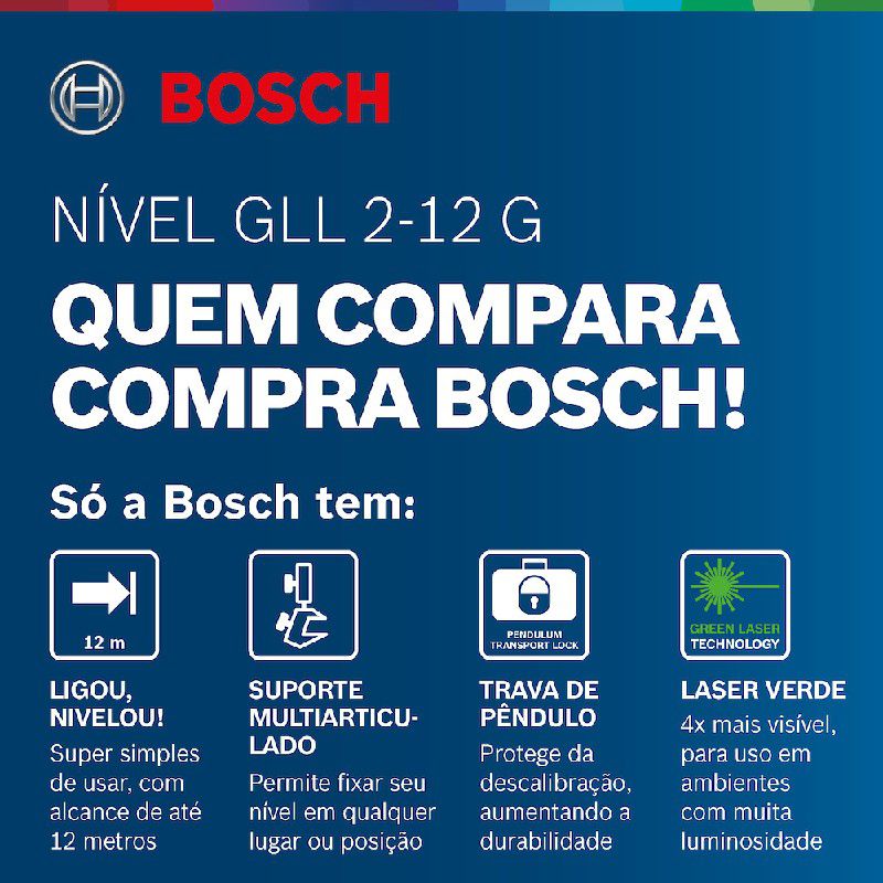 Nível a Laser de linhas verdes cruzadas 12 metros Bosch GLL 2-12 G 