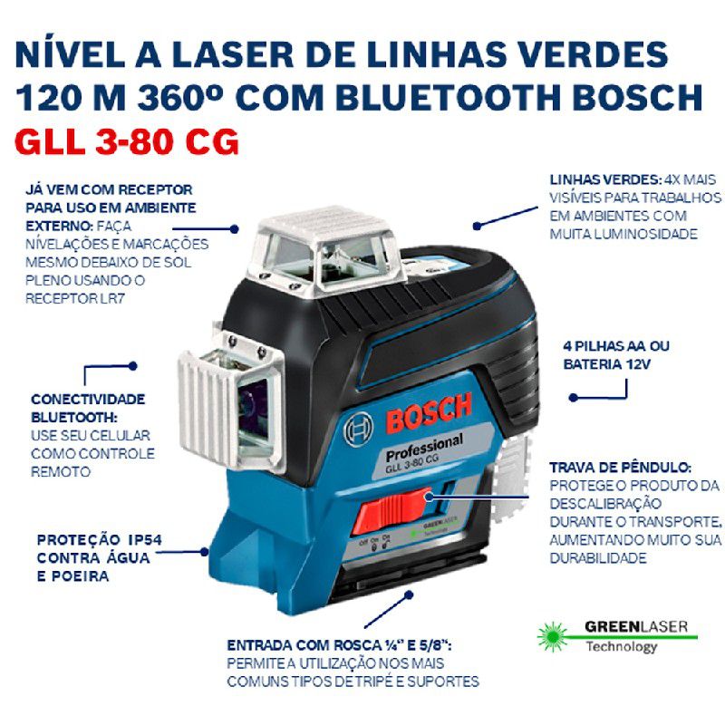 Nível a Laser de Linhas Verdes GLL 3-80 CG, Bluetooth, em maleta - Bosch 