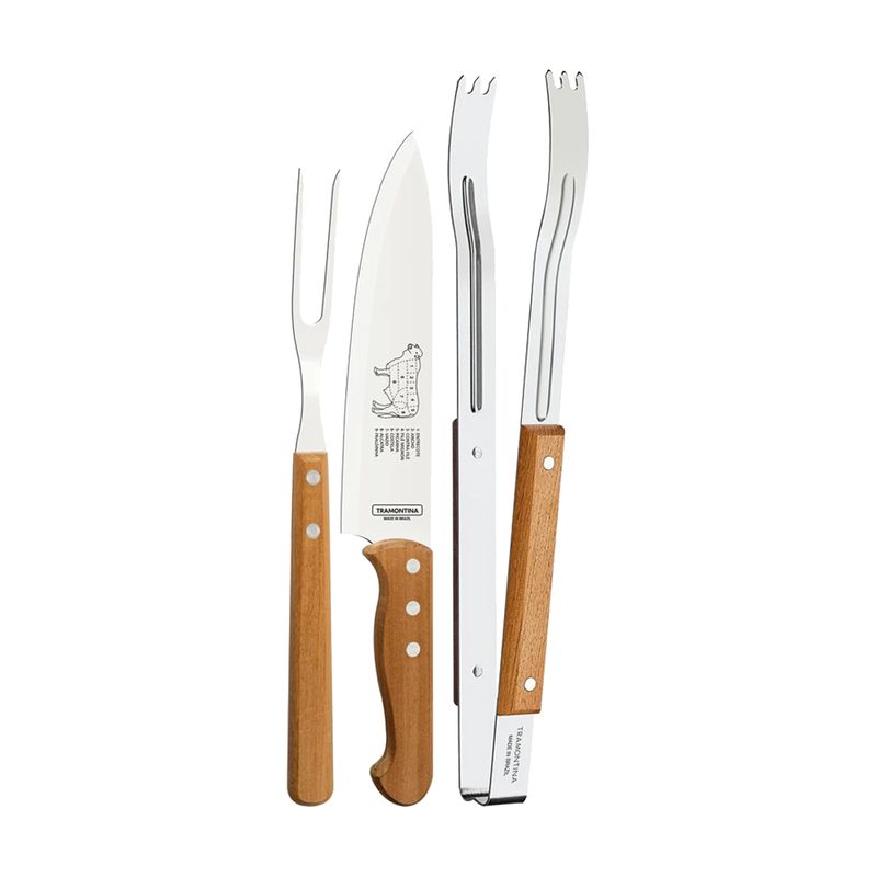 Jogo para Churrasco em Aço Inox e Cabos de Madeira Natural 3 Peças - Tramontina