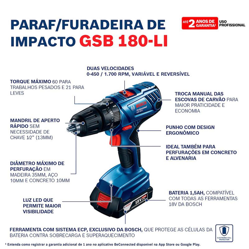 Parafusadeira Furadeira Impacto Bosch GSB 180-LI 18V 1 bateria e carregador
