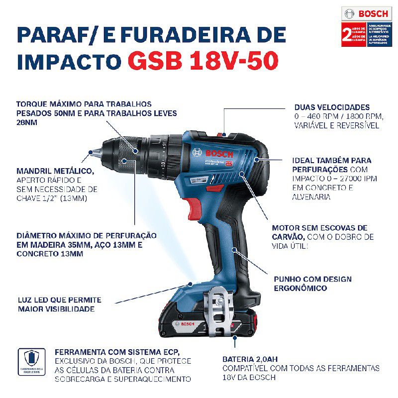 Parafusadeira Furadeira Impacto Bosch GSB 18V-50 18V Brushless 2 baterias e maleta