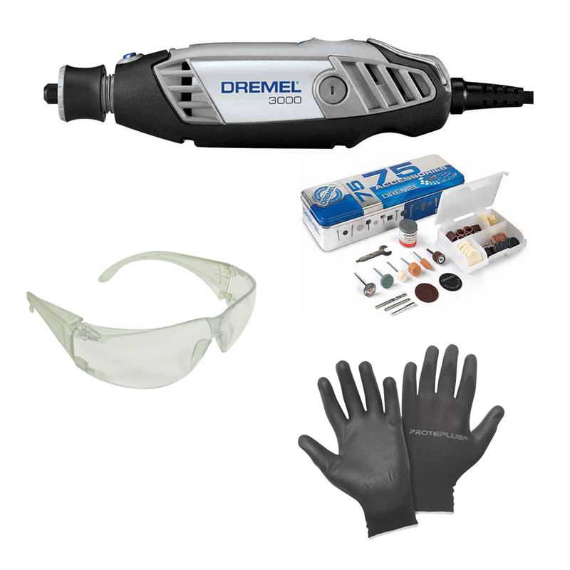 Combo Micro Retífica DREMEL 3000 10 + 75 Acessórios (127V) + Óculos de Proteção Incolor + Luva Tricotada