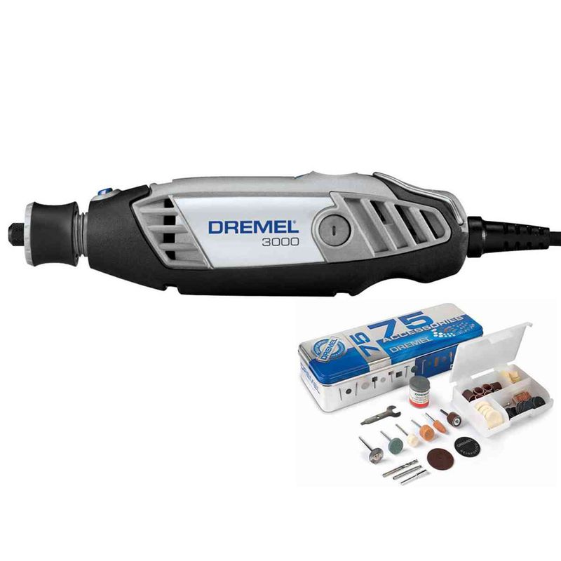 Combo Micro Retífica DREMEL 3000 10 + 75 Acessórios (127V) + Óculos de Proteção Incolor + Luva Tricotada