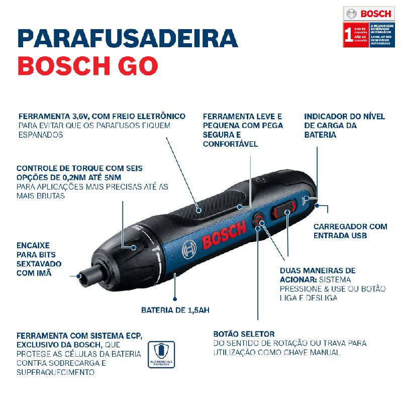 Parafusadeira a Bateria Bosch Go 3,6V BIVOLT com 2 Bits