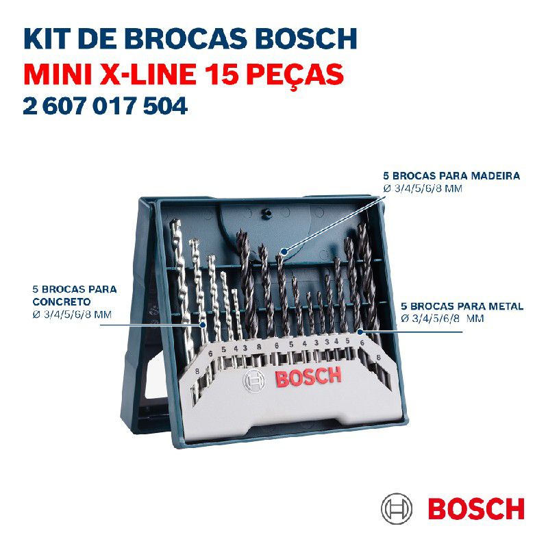 Jogo Brocas Alvenaria/Metal/Madeira Bosch Mini X-line 15 pçs