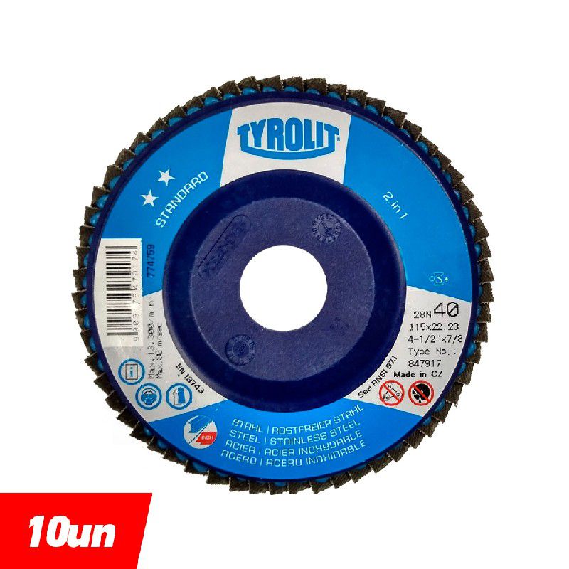 Combo Disco de Lixa Flap Plano 115mm Grana 40 - Standard 28N - 847917 - TYROLIT