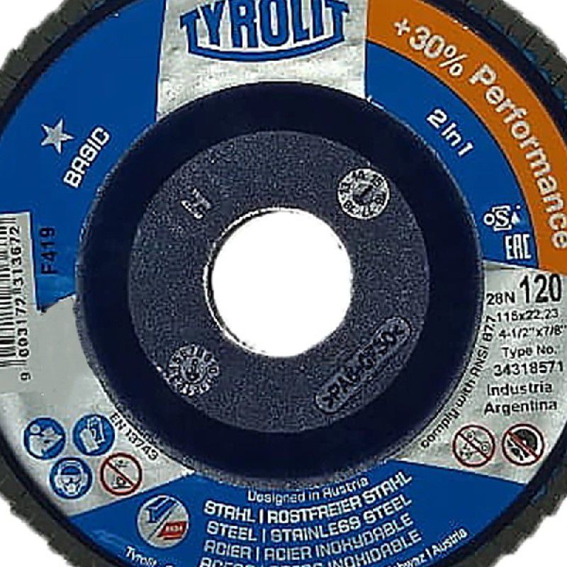 Combo Disco de Lixa Flap Plano 115mm Grana 120 - Basic 28N - 34318571 - TYROLIT