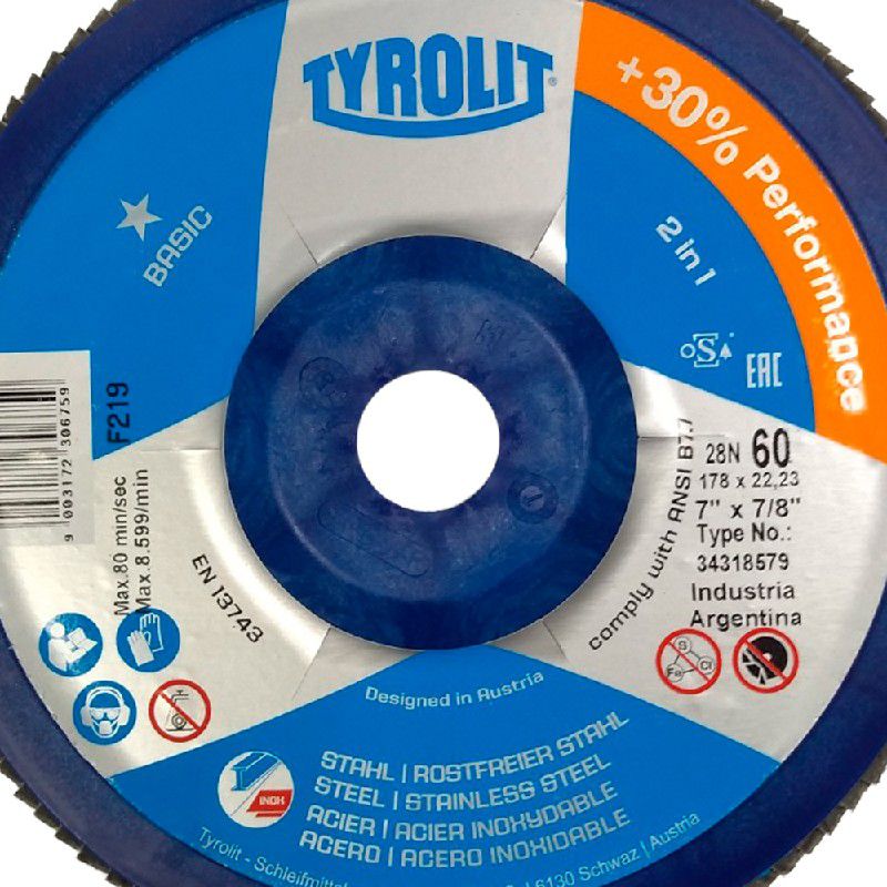 Combo Disco de Lixa Flap Plano 180mm Grana 60 - Basic 28N - 34318579 - TYROLIT