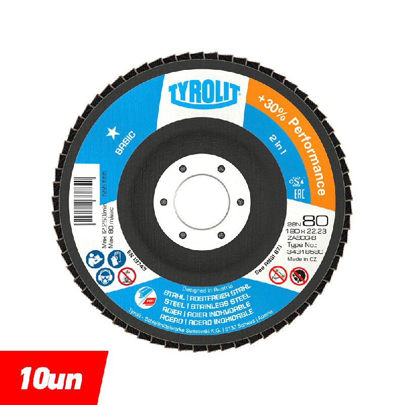 Combo Disco de Lixa Flap Plano 180mm Grana 80 - Basic 28N - 34318580 - TYROLIT