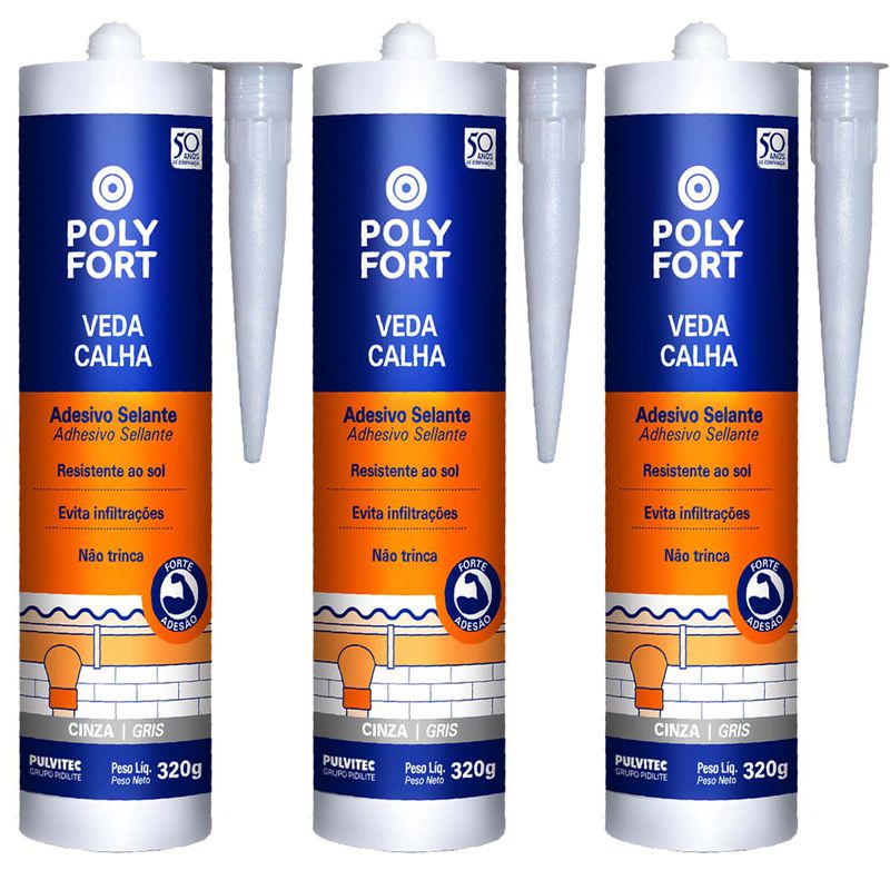 Kit 3 Selantes Adesivo Veda Calhas - Cinza 320g (ZD002) - Pulvitec