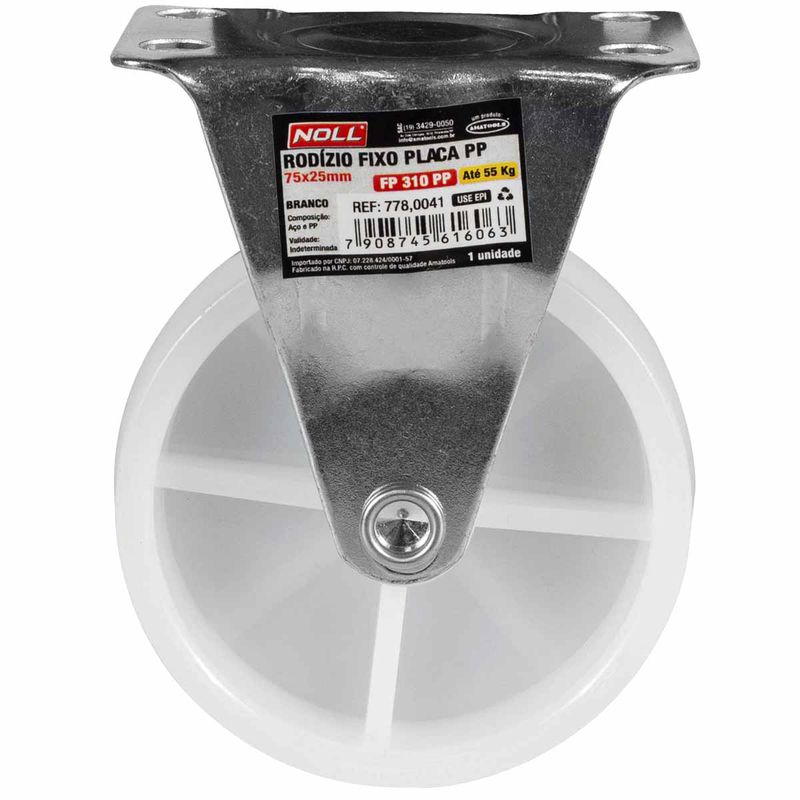 Rodízio Fixo Branco Placa PP 75 x 25mm (778,0041) - Noll
