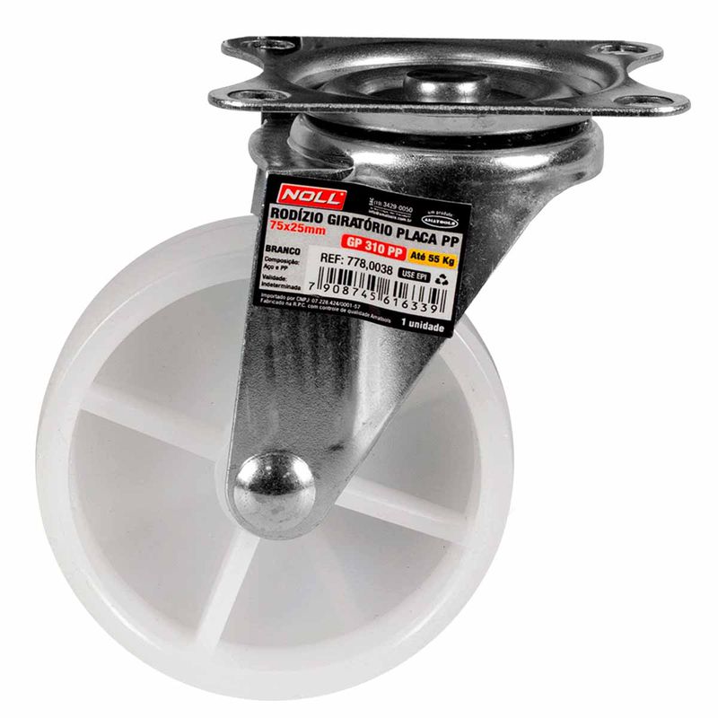 Rodízio Giratório Branco Placa PP 75 x 25mm (778,0038) - Noll