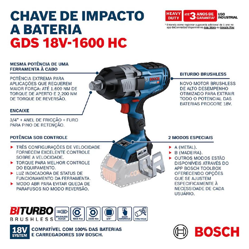 Chave de Impacto GDS 18V-1600HC Com Bateria e Carregador 18V (06019M10E1) - Bosch