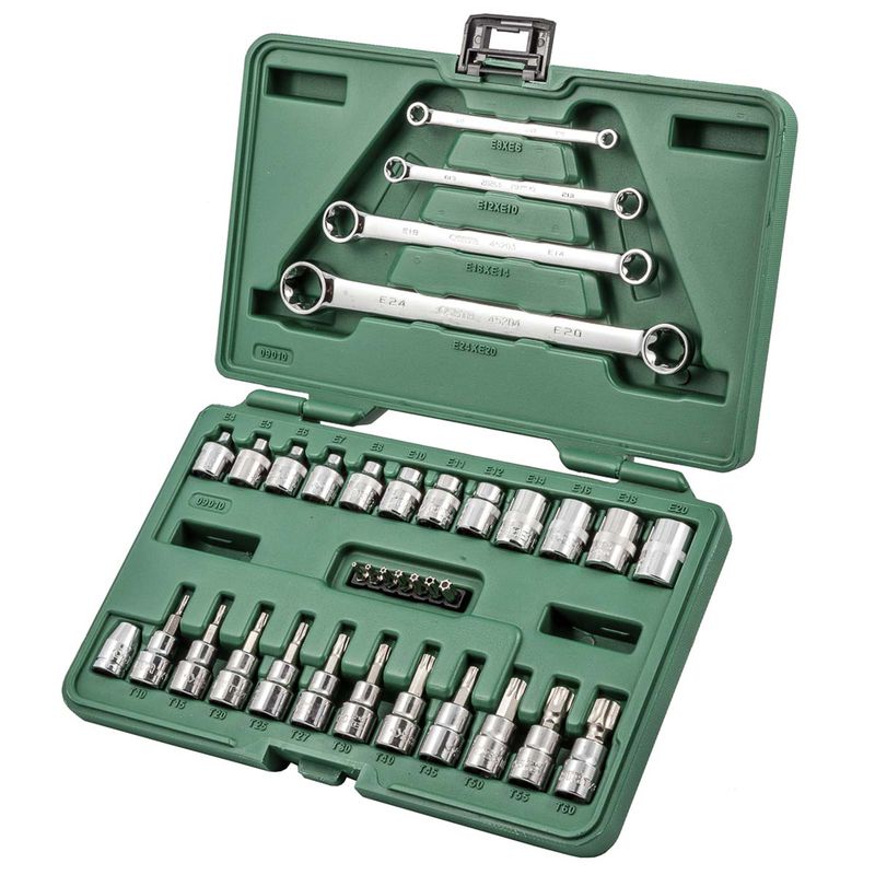 Jogo de Soquetes e Chaves E-torx 1/4'' e 3/8'' Com 35 Peças (ST09010SJ) - Sata