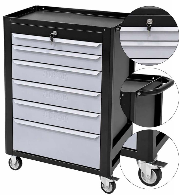 Carrinho Para Ferramentas Fechado Com 6 Gavetas Preto (C08) - Fercar