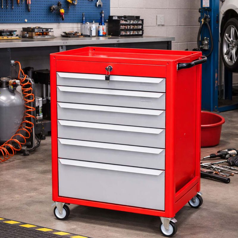 Carrinho Para Ferramentas Fechado Com 6 Gavetas Vermelho (C08) - Fercar