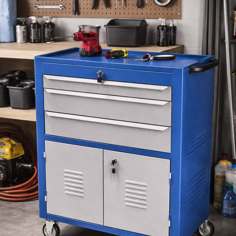 Carrinho Para Ferramentas Fechado Com 3 Gavetas Azul (C06) - Fercar