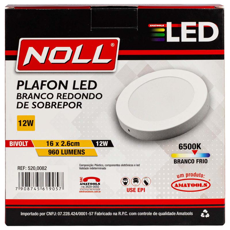 Plafon Redondo de Sobrepor Branco 12W - 6500K (520,0082) - Noll LED