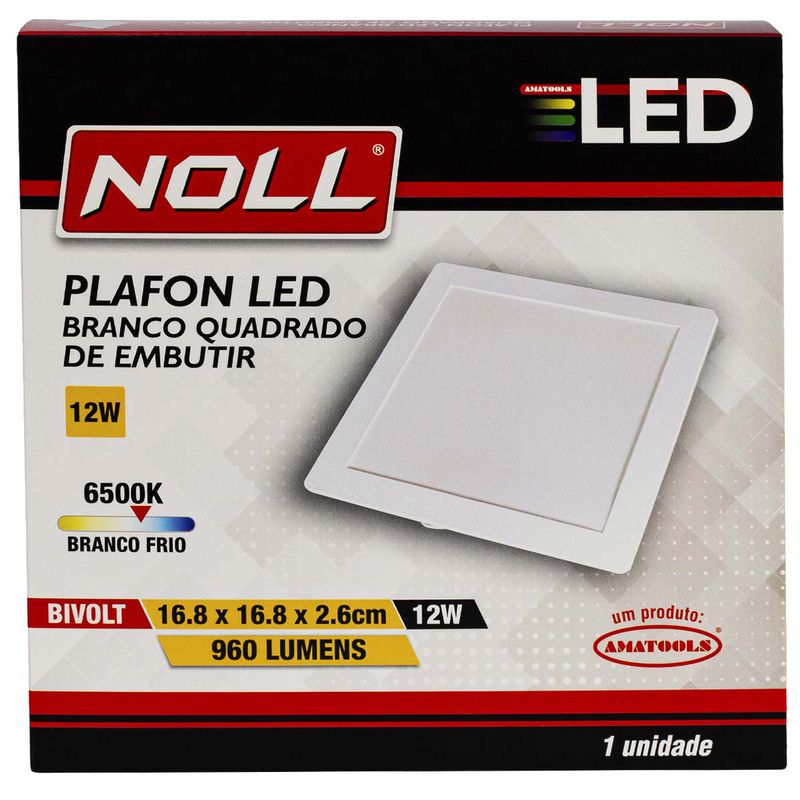 Plafon Quadrado de Embutir Branco 12W - 6500K (520,0079) - Noll LED