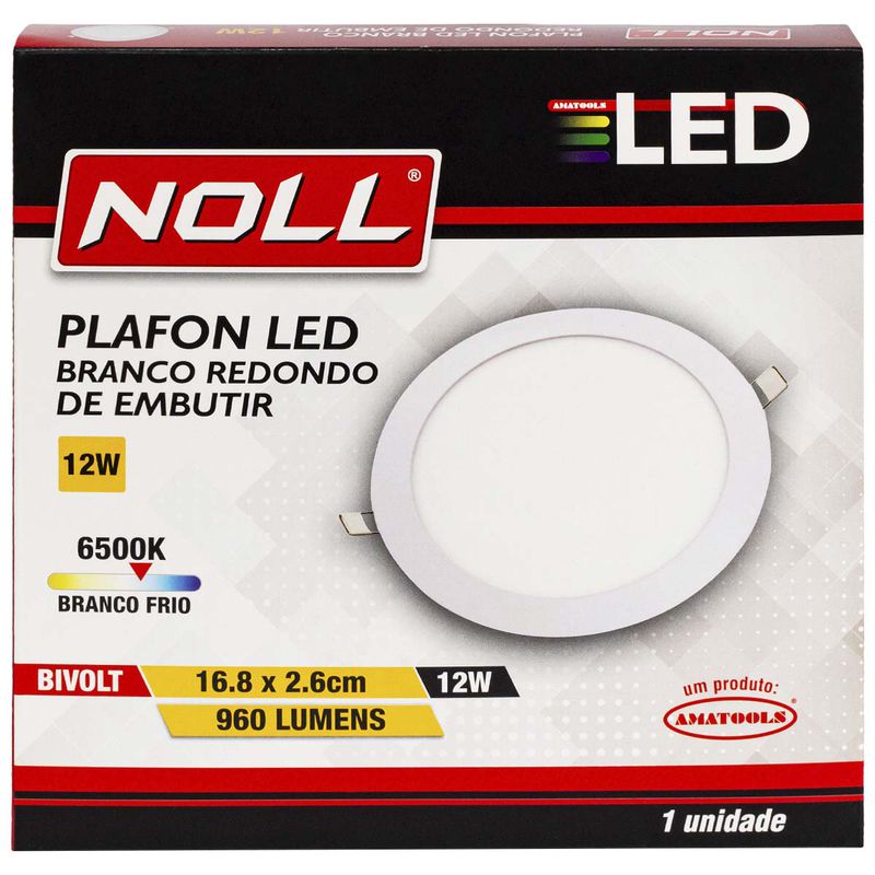 Plafon Redondo de Embutir Branco 12W - 6500K (520,0080) - Noll LED