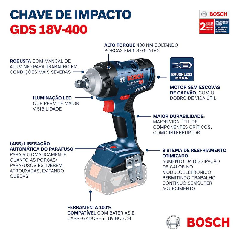Chave de Impacto Bosch GDS 18V-400 18V Brushless 2 baterias e maleta